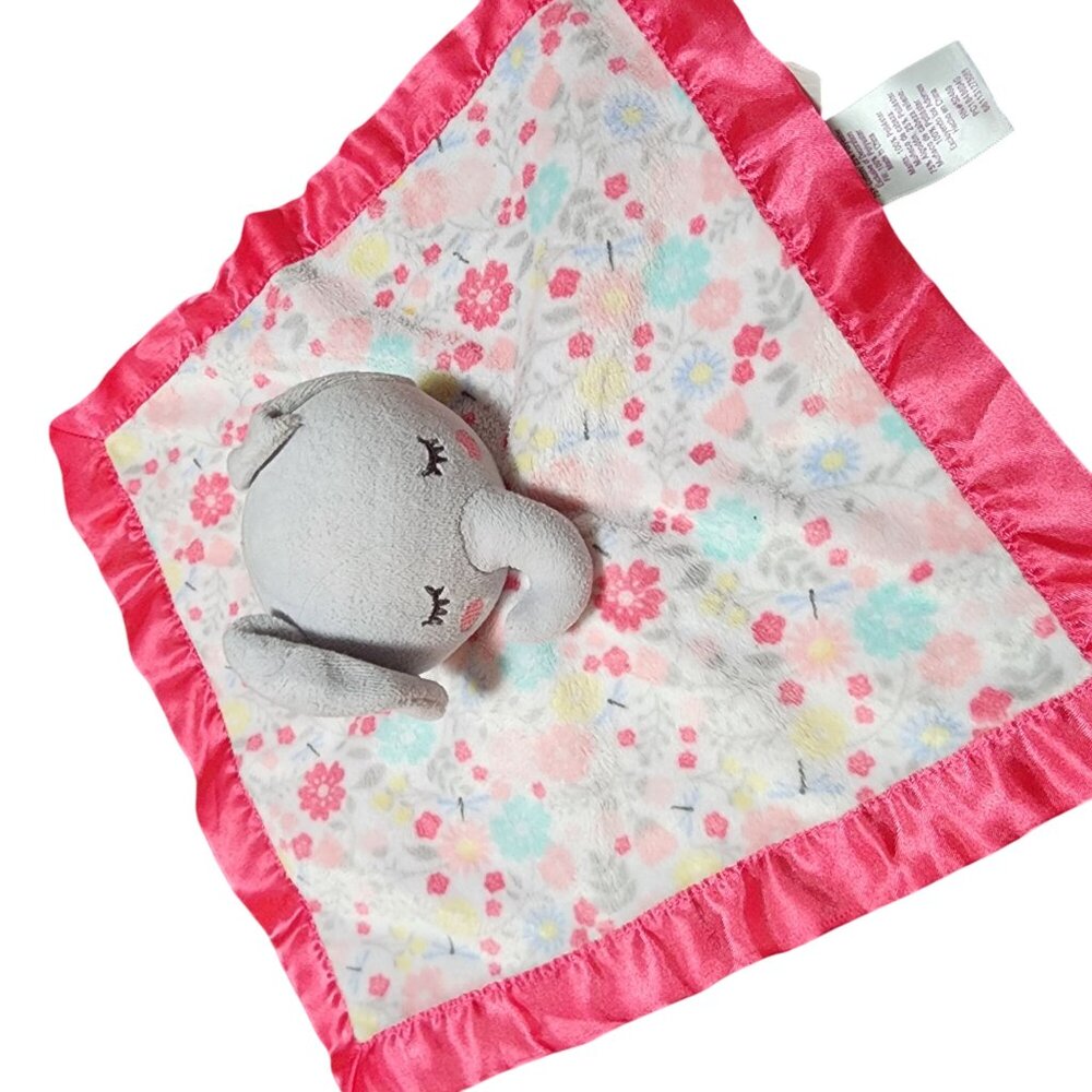 Parents Choice Elephant Security Blanket With Satin Trim & Floral Print